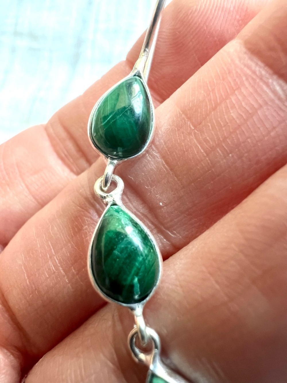 925 Malachite 3 Stone Dangle Earrings - Picture 3 of 7